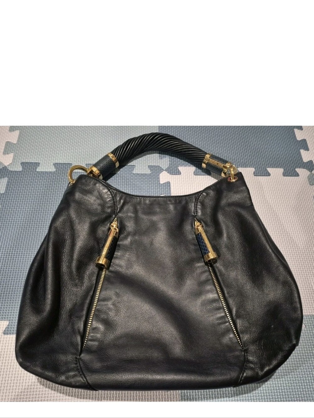 Michael Kors Dark Blue Leather Shoulder Hobo with Gold Hardware